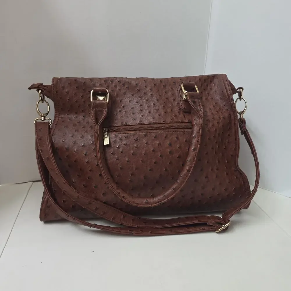 Imoshion Brown Ostrich Embossed Satchel Crossbody Large Bag Tassel Studded Purse